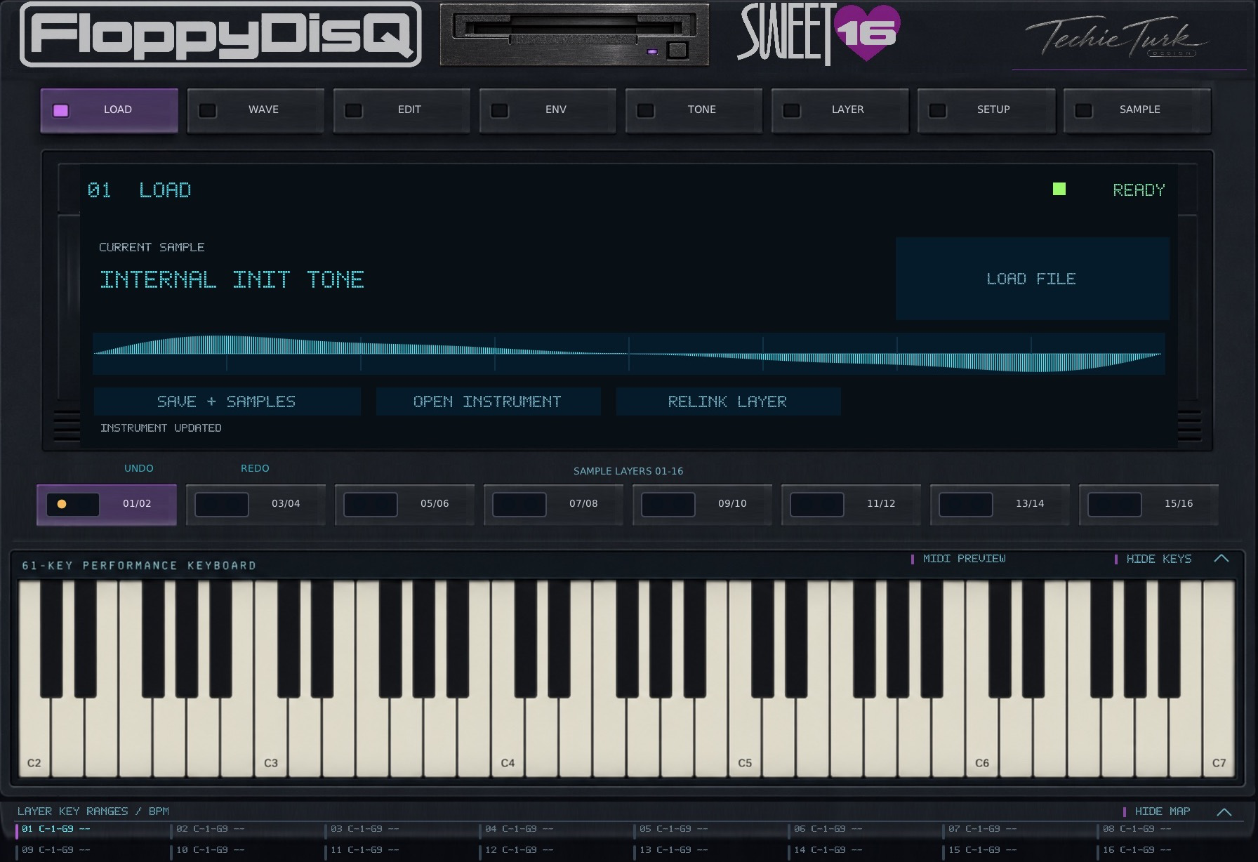 FloppyDisQ sampler interface with waveform editor, sixteen layers and performance keyboard