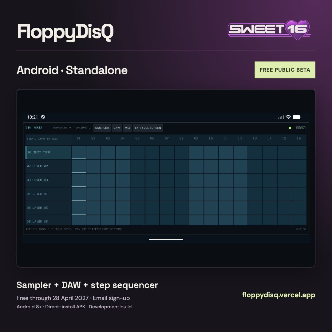 Android standalone sampling workstation with the new neon Sweet 16 branding